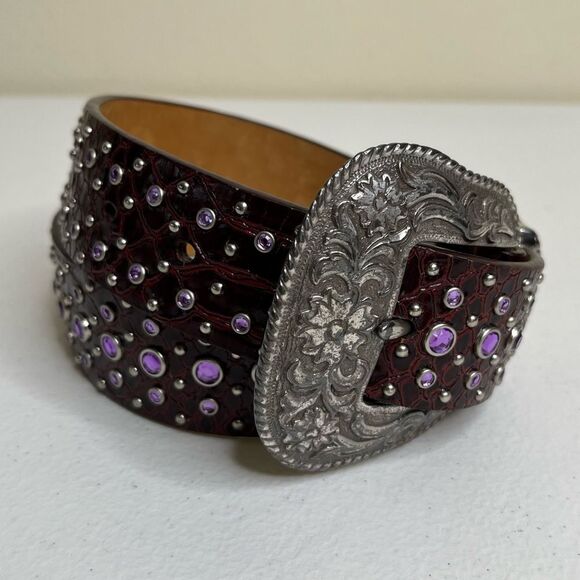 Ariat Burgundy Leather Purple Rhinestone Silver Buckle Handcrafted Belt Women 26 main image 8
